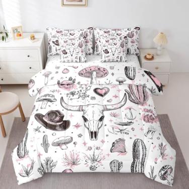 Imagem de Feelyou Conjunto de edredom de caveira de vaca ocidental, solteiro, com estampa de caveira de longhorn, 7 peças, para meninos, meninas, adolescentes, caubói do oeste em uma bolsa, respirável, conjunto