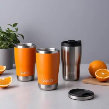 Imagem de Copo Térmico Parede Dupla em Aço Inox Laranja 350ml com Base Antiderrapante - Estilo Minimalista