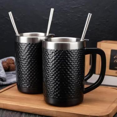 Imagem de Caneca Térmica Parede Dupla em Aço Inox Preta 600ml com Canudo - Estilo Texturizado