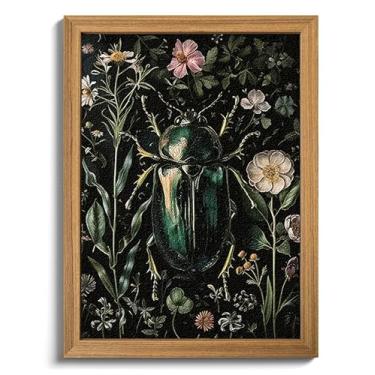 Imagem de Arte de parede texturizada vintage 3D emoldurada - decoração de parede gótica escura com besouro universitário - Imagens botânicas da natureza de arenito desenhado à mão para sala de estar quarto