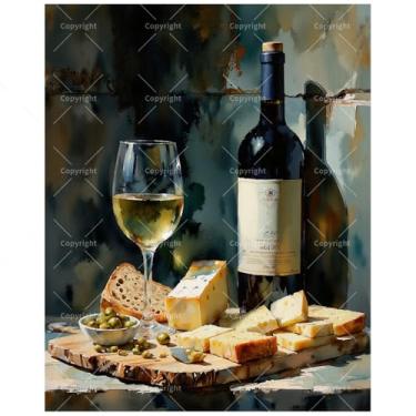 Imagem de Kit de pintura por números Still Life para adultos – Taça de vinho faça você mesmo, pintura de queijo e pão em tela, 40 x 50 cm, conjunto de tinta acrílica, adequado para iniciantes, arte de cozinha