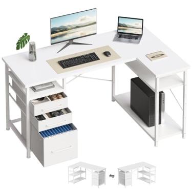 Imagem de Maihail Mesa de computador de 119 cm com gavetas, mesas para quartos, escrivaninha com armazenamento, mesa de trabalho para espaços pequenos, branca