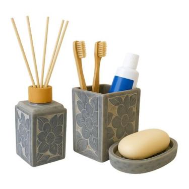 Imagem de Kit Banheiro Decorativo Saboneteira Aromatizador Pedra Sabão - Ô Bichi
