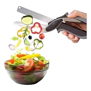 Imagem de Tesoura Legumes Verduras 2 Em 1 Faca Cortador Fatiador Inox - Oikos