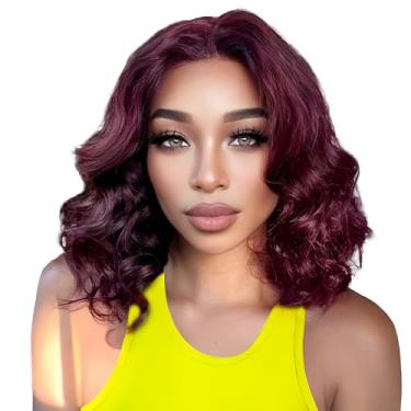 Imagem de Peruca Bob 33 x 15 cm Cabelo Humano Densidade 250 99j Perucas Frontais Borgonha Cabelo Humano Sem Cola 33 x 15 Ondas Corporais HD Lace Front Perucas de Cabelo Humano Pré Arrancado Curto Vinho Vermelho