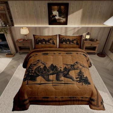 Imagem de Feelyou Jogo de cama queen com urso, cabana de caça, animais selvagens, para decoração de quarto de crianças, meninos e adolescentes, capa de edredom rústica ocidental marrom escuro