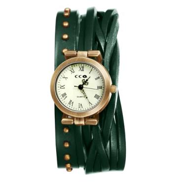 Imagem de JewelryWe Relógio feminino vintage de couro – Relógio de pulso redondo analógico de quartzo com algarismos romanos e mostrador punk gótico casual cravejado duplo, Verde, Adjustable