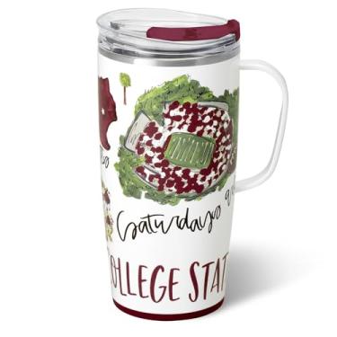 Imagem de Swig Life Caneca de viagem de 623 g, copo isolado com alça e tampa, caneca de café de viagem, compatível com porta-copos, copo de aço inoxidável de 623 g, reutilizável isolado com tampa (sábados na