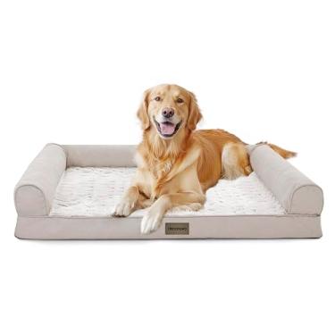 Imagem de Deconovo Cama de luxo para cães PV de veludo e linho com apoio de braço em forma de C, base antiderrapante com pontos antiderrapantes, capa lavável removível, enchimento de esponja de massagem para