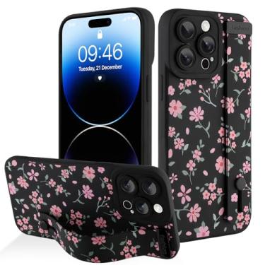 Imagem de AIGOMARA Capa para iPhone 14 Pro Max com alça para mulheres e meninas, linda estampa floral rosa, capa protetora de silicone com suporte de faixa macia, preta