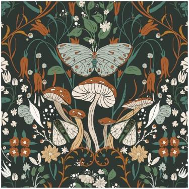 Imagem de Papel de parede de contato floral boho para descascar e colar de cogumelos, papel de parede autoadesivo removível, floresta escura, vintage, papel de parede decorativo para banheiro, quarto, cozinha