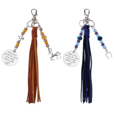 Imagem de DELORIGIN 2 peças de sela de cavalo e clipe de pingente de freio Bless This Horse Rider Keep Safe Pingente de cordas de sela de freio chaveiro enfeite de pendurar para amantes de cavalos joia presente