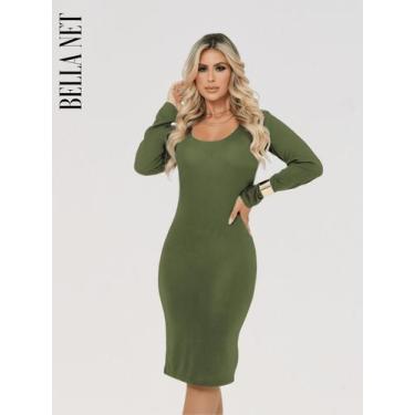 Imagem de Vestido Colado Manga Longa Lanzinha Inverno - Bella Net, M, Verde