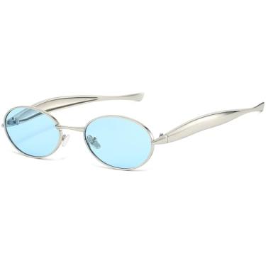 Imagem de AIEYEZO Óculos de sol ovais retrô para mulheres, homens, modernos, armação dourada, óculos de sol de sardinha, adequados para rostos pequenos, Prata/azul, MM