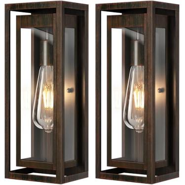 Imagem de Slypadan Suporte de parede para luminária externa grande de 38 cm, pacote com 2 luzes de arandela marrom envelhecido, luzes externas modernas à prova d'água com sombra de vidro transparente para porta