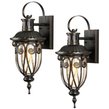 Imagem de VIANIS Luz com sensor de movimento ao ar livre, luminárias externas do crepúsculo ao amanhecer, pacote com 2 luzes externas para casa, garagem, entrada, vidro de semente, estilo vintage