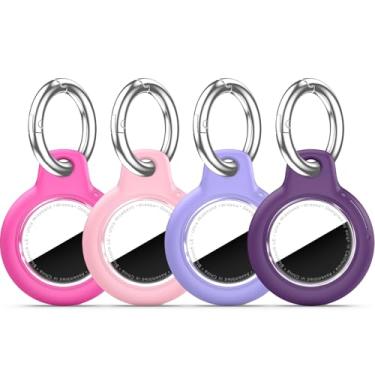 Imagem de Pacote com 4 Airtags de suporte à prova d'água com chaveiro Apple AirTag, capa rígida para PC AirTag, suporte antiarranhões e choques, chaveiros e chaveiros masculinos femininos - rosa + rosa + roxo
