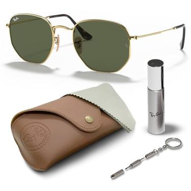 Imagem de Ray-Ban RB3548N Óculos de sol hexagonais planos quadrados redondos para homens e mulheres com kit oficial RAYBAN Eyewear, Armação dourada polida Arista | Lente verde G-15, 51 mm