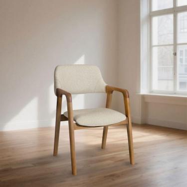 Imagem de Cadeira De Jantar Ruth Estrutura Em Madeira Maciça Design Retrô Contemporâneo Linho Bege