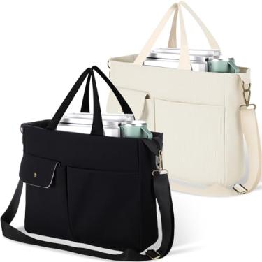 Imagem de Sadnyy Pacote com 2 bolsas de veludo cotelê para mulheres com bolsos, bolsa transversal grande para trabalho, laptop, faculdade (preta, bege)