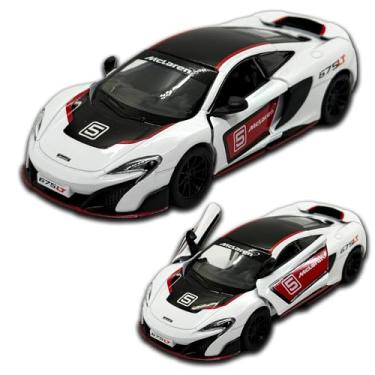 Imagem de Carrinho de ferro miniatura McLaren 675LT, abertura de portas, com fricção, 12,5 CM, Em metal, 1/36, Pneus em borracha, Kinsmart (Branca Numerada)