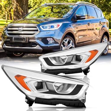 Imagem de Conjunto de faróis com lâmpadas compatíveis com 2017-2019 Ford Escape 3ª geração Facelift substituição direta halogêneo faróis com LED DRL (LH RH), refletor âmbar cromado