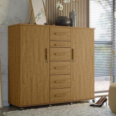 Imagem de Cômoda Sapateira Roma Amêndoa 2 Portas Com Chave 6 Gavetas Cabideiro E