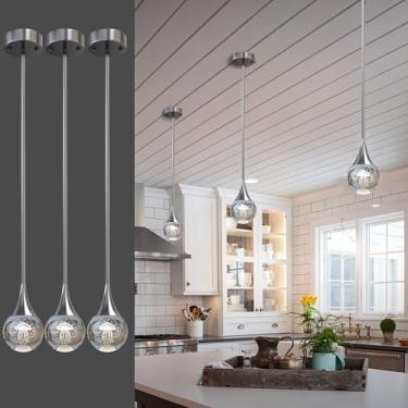 Imagem de 3 luzes pendentes ilha de cozinha, globo de cristal prateado cromado luminoso para pendurar no teto, lâmpada LED, haste de metal, teto, medusa, iluminação pendente para cozinha, sala de jantar, bar