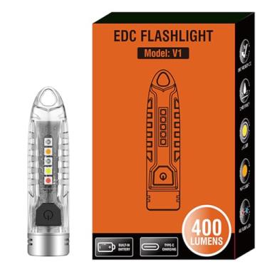 Imagem de HYVCZP V1 Mini lanterna EDC potente, chaveiro super brilhante de 400 lm, 12 modos com luz lateral UV, vermelho, azul, amarelo, branco, recarregável, à prova d'água, luz de bolso de LED de emergência