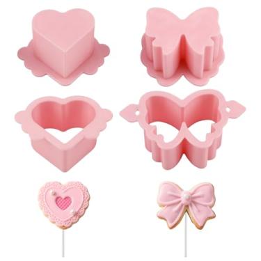 Imagem de RUIFUU 2 peças de cortador e empurrador de bolo de coração e laço, moldes de pop de bolo impressos em 3D, formas de prensa para assar em casa, crianças cozinhando aniversário casamento