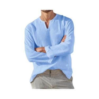 Imagem de Camisa Casual Masculina De Algodão E Linho Com Decote Em V, Manga Long