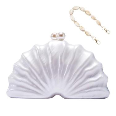 Imagem de Anopo Bolsa clutch de acrílico feminina colorida à noite, bolsa geométrica, marmorizada, com corrente removível, Concha branca, One Size
