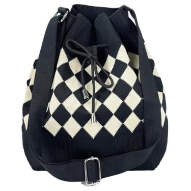 Imagem de Jusavie Bolsa de malha feminina 2025 moda primavera crochê malha cordão bolsa tiracolo padrão geométrico, 02 preta, Medium