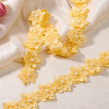 Imagem de Fita de acabamento de renda de flor amarela 3D de 2 metros, fita de acabamento de flor de organza, acabamento de borda de renda, aplique bordado de tecido vintage para decoração de casa de casamento