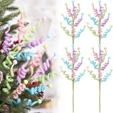 Imagem de Vertintong 4 peças de palitos de árvore de Natal em spray encaracolado com glitter pastel de 42 cm para decoração de topo de mesa, hastes espirais foscas para decoração de árvore de Natal, guirlanda