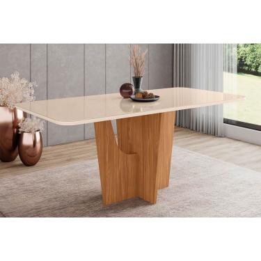 Imagem de Mesa p/ Cozinha Vértice SC88 c/ Tampo Madeirado c/ Vidro Curvo 180x90cm Nature/Off Whit...