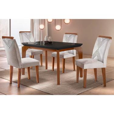 Imagem de Conjunto: Mesa Sala Jantar Londrina c/ Tampo Madeirado c/ Vidro Canto Reto 120x80cm e 4 cadeiras Amsterdã Imbuia/Grafite - Suede Creme - Rufato