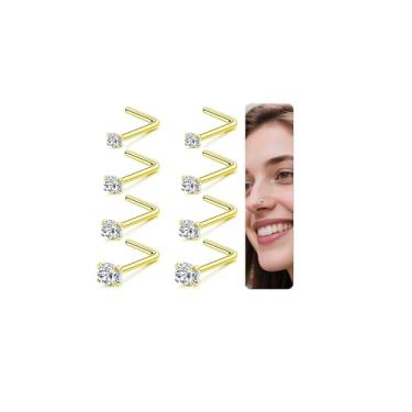 Imagem de Incaton 8 peças de anéis de nariz 20G de ouro/prata, aço inoxidável cirúrgico 316L, hipoalergênico, em forma de L, joia de piercing de nariz, brincos de nariz para mulheres, tamanho CZ 1,5 mm, 2 mm