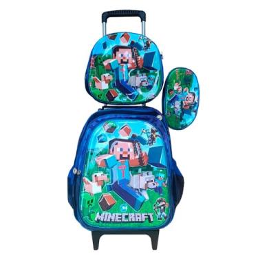 Imagem de Kit Mochila em 3D Infantil com Rodinhas Personagem Craft + Lancheira Térmica + Estojo Menino em Alto Relevo