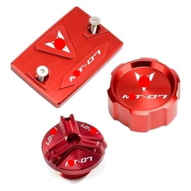 Imagem de Compatível com MT07 MT 07 Mt-07 FZ07 2015-2022 2023 2024 Acessórios Tampa do reservatório de fluido de freio dianteiro traseiro tampas de válvula de enchimento de óleo (3 peças vermelhas)