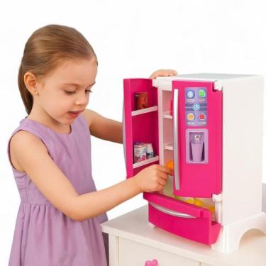 Imagem de Geladeira Brinquedo Infantil Rosa 2 Portas Acessórios Kit Utensílios -