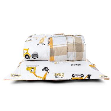 Imagem de Kit Cobre Leito Colcha Solteiro Infantil Lutti Dupla Face 200 Fios 2 Peças Trator Caminhão Branco