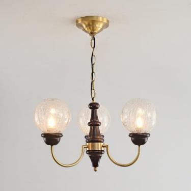 Imagem de Lustre de 3 luzes de madeira, lustre moderno de meados do século, vidro rachado, vintage, casa de fazenda, luminária pendente de teto, dourado, antigo, luminária suspensa para sala de jantar