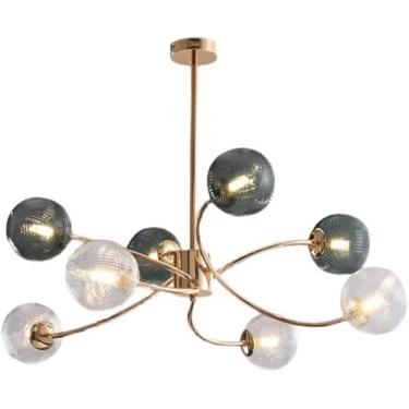 Imagem de Lustre 8 Luzes Modernas Galhos Cluster Lustre de Vidro Quarto Luz de Teto Nórdico Verde Claro Vidro Nervurado Pendente Luz para Cozinha Sala de Jantar Sala de Estar, Dourado