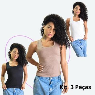 Imagem de KIT Regata Feminina Básica Malha Canelada Poliester - Kab Modas, Preto