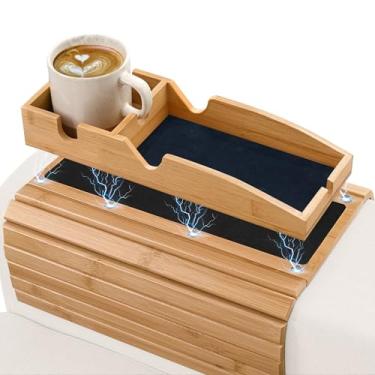 Imagem de Bandeja de apoio de braço de bambu para sofá - Bandeja magnética 3 em 1 para braço de sofá com suporte removível para copo de sofá - Suporte para telefone e almofada antiderrapante - Organizador para