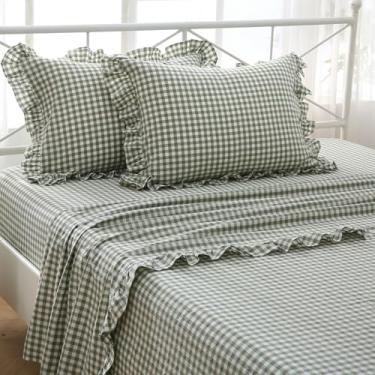 Imagem de K MASANIJI Jogo de lençol solteiro xadrez verde sálvia branco xadrez tamanho GG 4 peças, lençóis 300 fios 100% algodão tingido com 45,7 cm de profundidade para crianças (xadrez verde sálvia/branco