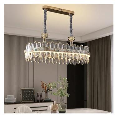 Imagem de Lustre de cristal moderno, iluminação, sala de estar, sala de jantar, decoração de casa, lustre longo redondo dourado, luminária pendente de teto