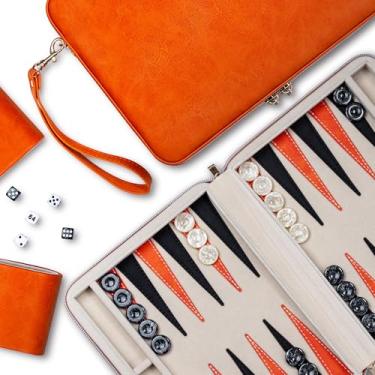 Imagem de Lingle 9.4" Backgammon Sets for Adults, Classic Board Game with Folding Leather Backgammon Case, Portable Travel Backgammon Game Set (Orange)