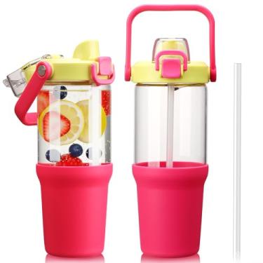 Imagem de HYDRAGLAZIC Copo de vidro com alça de transporte, garrafa de água de vidro transparente com tampa à prova de vazamento, tampa de bico e canudo, livre de BPA, 947 ml, rosa brilhante